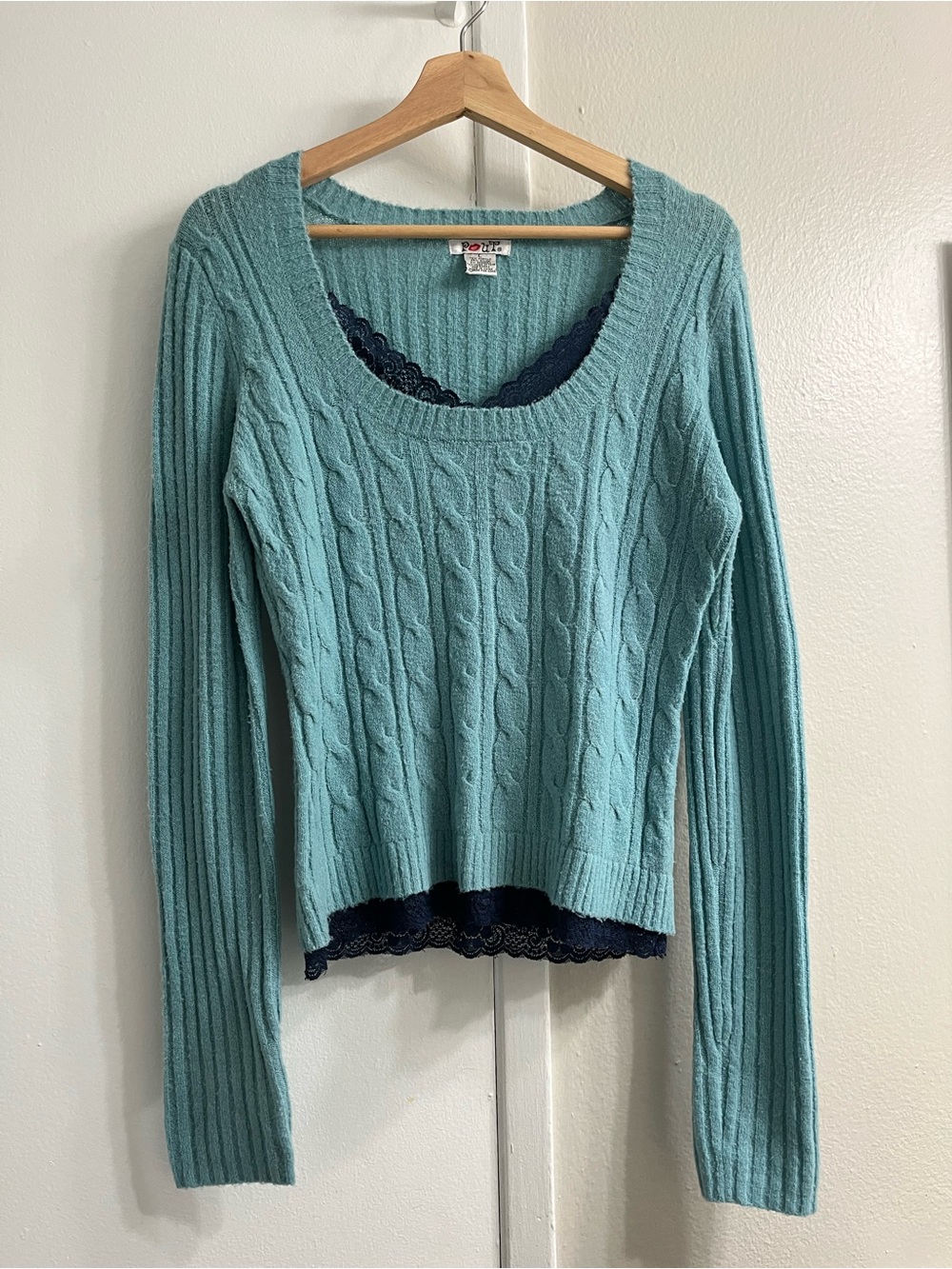 2000s Y2K Bella swan Cable Knit Scoop Neck Sweater with Lace Trim - Aqua